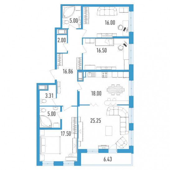 Четырёхкомнатная квартира 128.63 м²