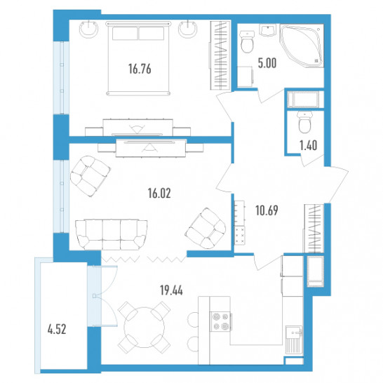Двухкомнатная квартира 71.57 м²