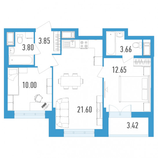 Двухкомнатная квартира 57.27 м²