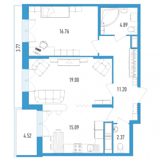 Двухкомнатная квартира 72.7 м²