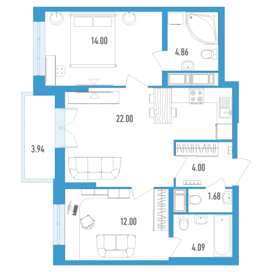 Двухкомнатная квартира 63.81 м²