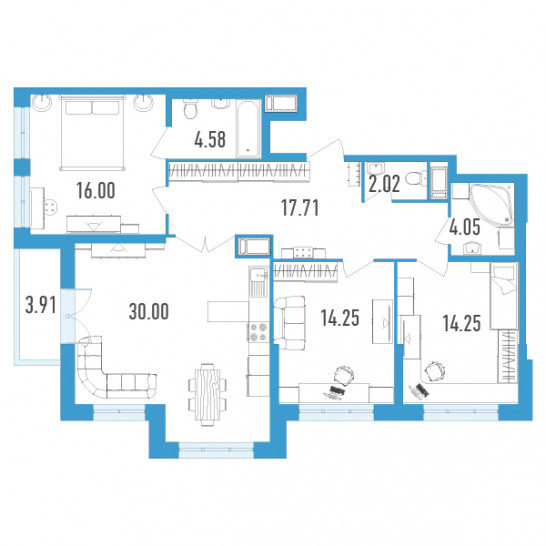 Трёхкомнатная квартира 104.82 м²