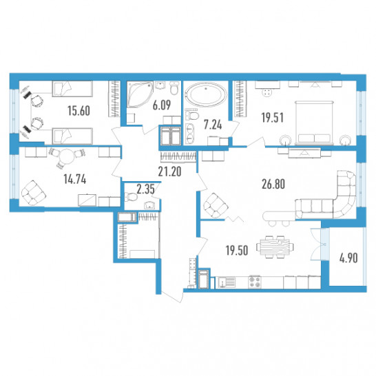 Четырёхкомнатная квартира 135.48 м²