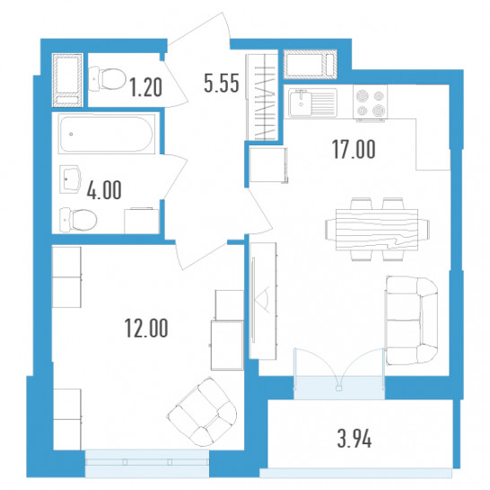 Однокомнатная квартира 41.72 м²