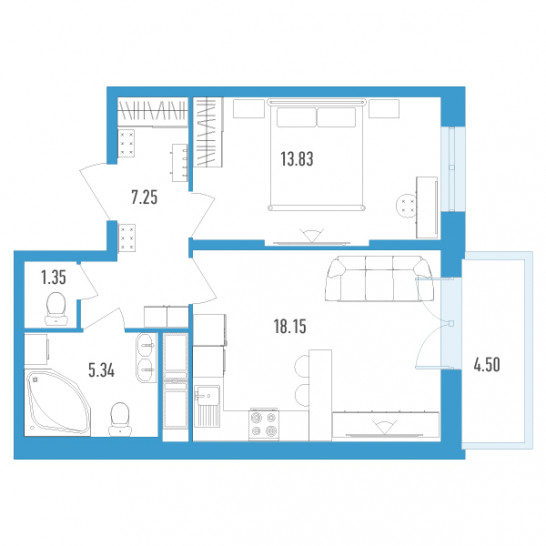 Однокомнатная квартира 47.27 м²