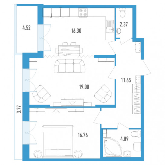 Двухкомнатная квартира 74.36 м²