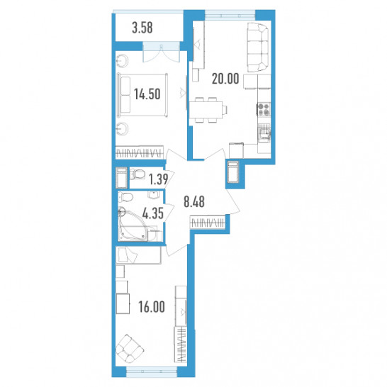 Двухкомнатная квартира 66.51 м²