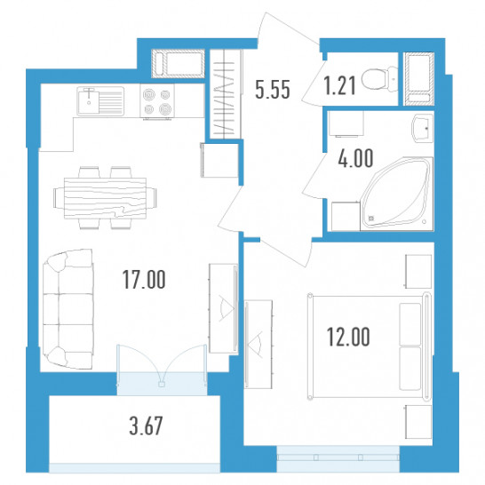 Однокомнатная квартира 41.6 м²