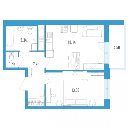 Однокомнатная квартира 47.27 м²
