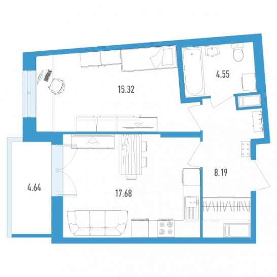 Однокомнатная квартира 48.06 м²
