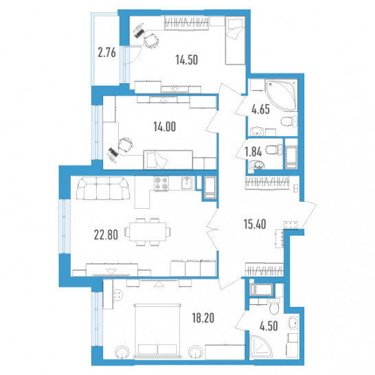 Трёхкомнатная квартира 97.27 м²