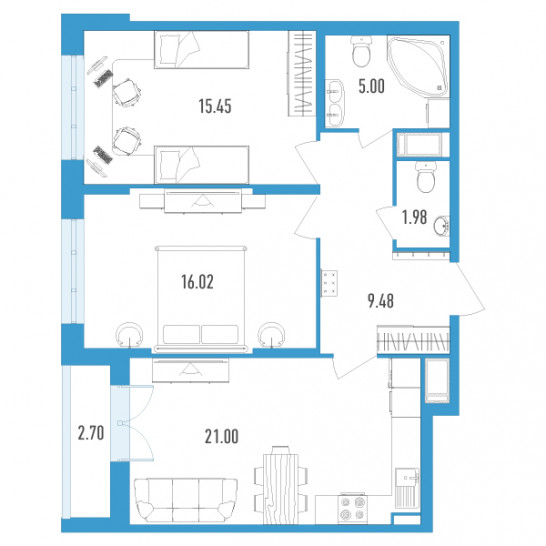 Двухкомнатная квартира 70.28 м²