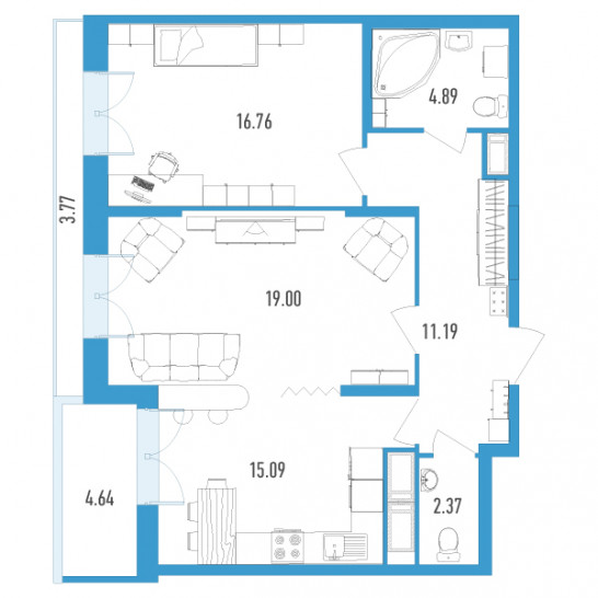 Двухкомнатная квартира 72.75 м²