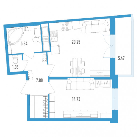 Однокомнатная квартира 51.11 м²