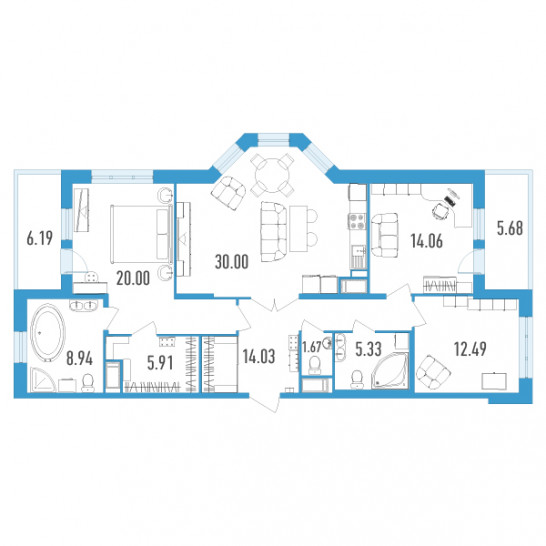 Трёхкомнатная квартира 118.36 м²