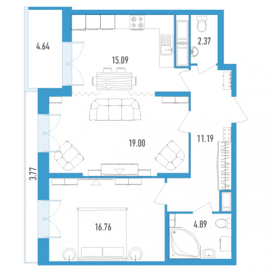 Двухкомнатная квартира 72.75 м²