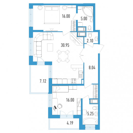 Двухкомнатная квартира 89 м²