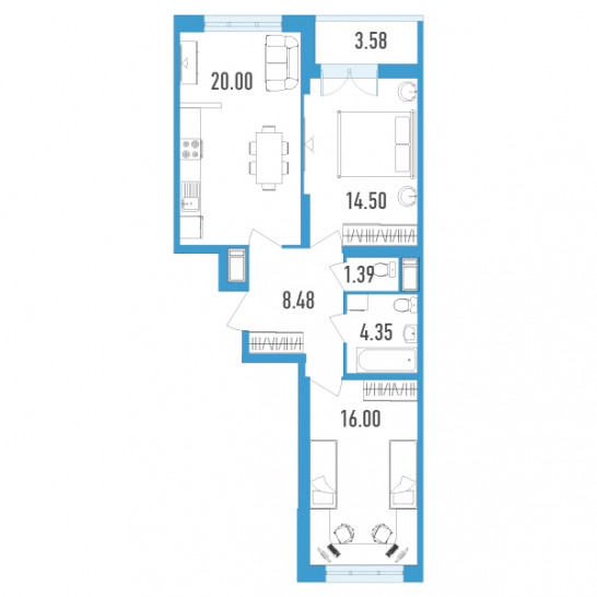 Двухкомнатная квартира 66.51 м²