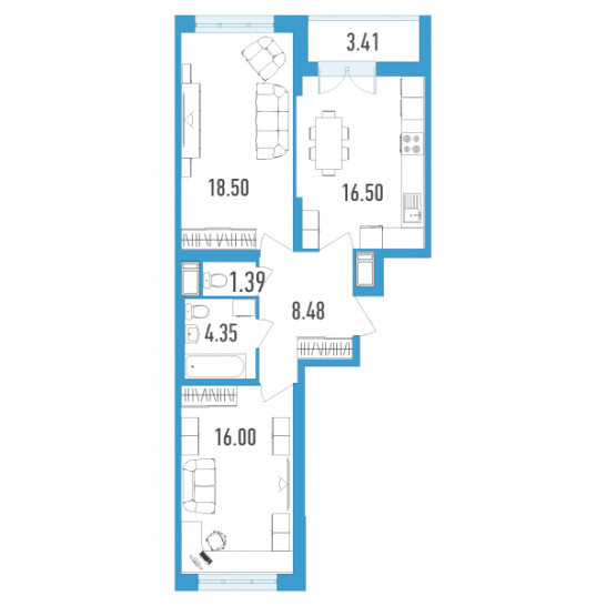 Двухкомнатная квартира 66.93 м²