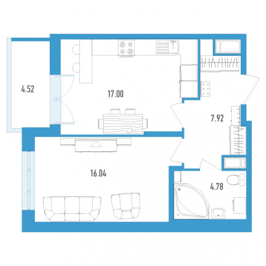 Однокомнатная квартира 48 м²