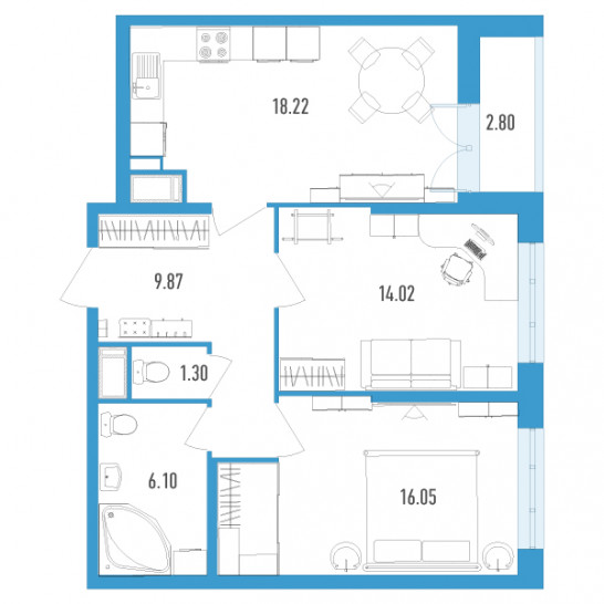 Двухкомнатная квартира 66.96 м²