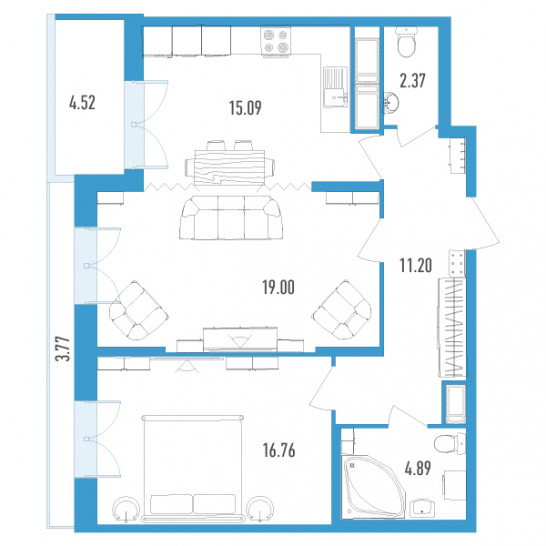 Двухкомнатная квартира 72.7 м²
