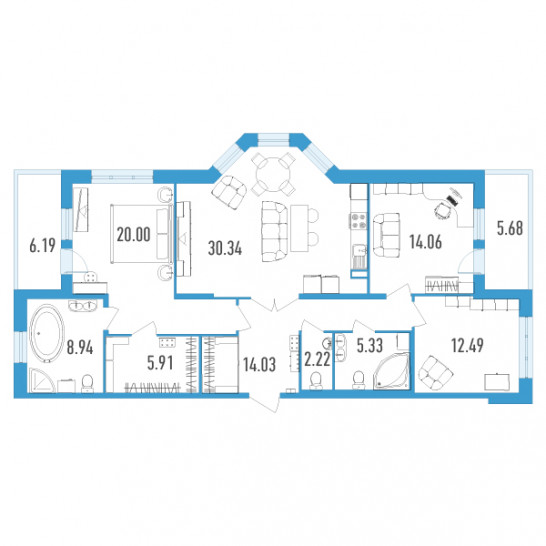 Трёхкомнатная квартира 119.96 м²