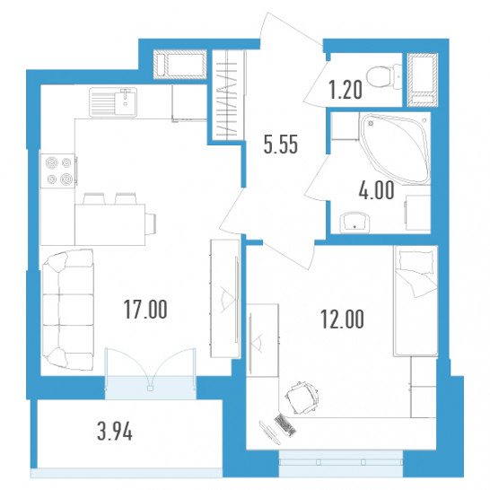 Однокомнатная квартира 41.72 м²